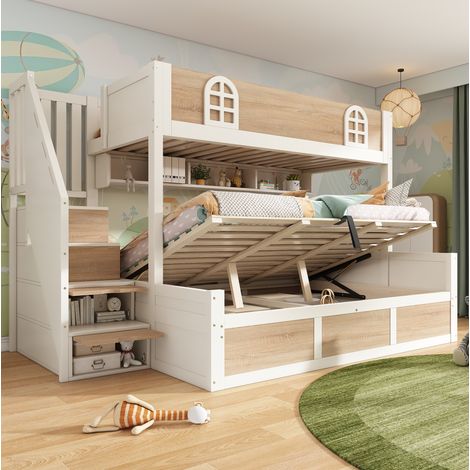 Kinder-Etagenbett 90x200 und 140x200 cm mit Stauraumtreppe, weiß und natur OKMYHOME (1/5)