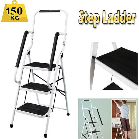 Échelle pliante à 3 marches avec main courante Escabeau pliant portable Échelle compacte Tapis antidérapant Rangement facile Escabeau pour la maison, la cuisine, le bureau, le bricolage Charge maximal (1/5)