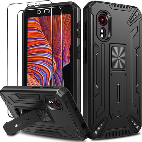 Coque pour Samsung Galaxy Xcover 5 avec Support Béquille et 2 Pièces Verre Trempé, [Protection Antichoc Militaire] Étui de Téléphone, Anti-Rayures Dos Rigide PC Bumper Housse, Noir