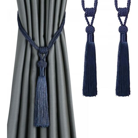 Lot de 2 embrasses de rideaux à longs pompons, faites à la main, en corde tressée, style européen, décoratives (bleu foncé) (1/5)