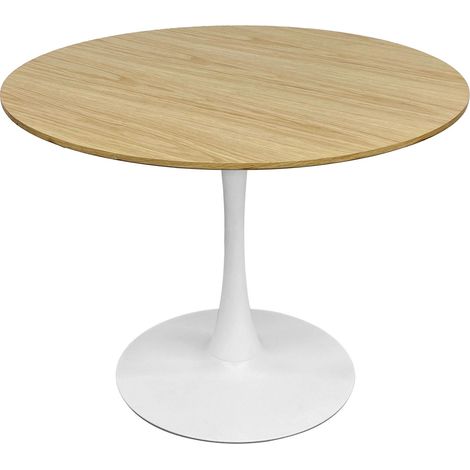 Oviala – Table de salle à manger ronde 4 personnes – Diamètre 100 cm – Plateau MDF avec placage bois – Pieds en métal laqué blanc – Hauteur 74 cm