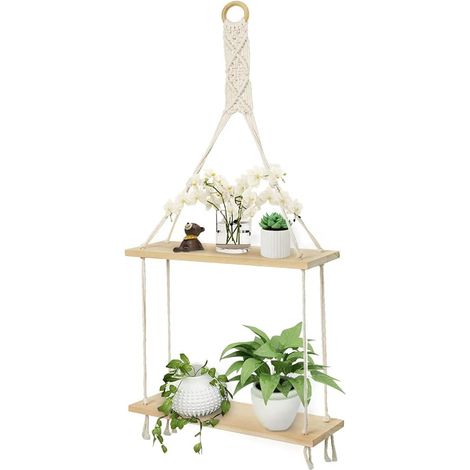 MIMOSON-Suspendu Étagère Murale Plante Étagère Flottantes Corde Macramé Balançoire Rangement Bois Chambre Salon Boho Décor Rustique 2 Étages (1/5)