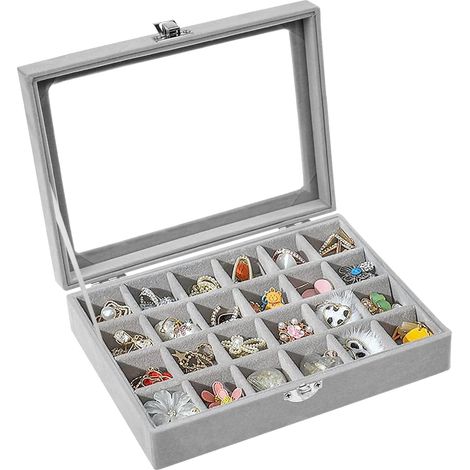 Schmuckkästchen aus Samt, Präsentationsständer mit Glasdeckel, Schmucktablett aus Samt mit 24 Fächern, Aufbewahrungsbox für Ringe, Halsketten, Armbänder, Ohrringe und Uhren (1/5)