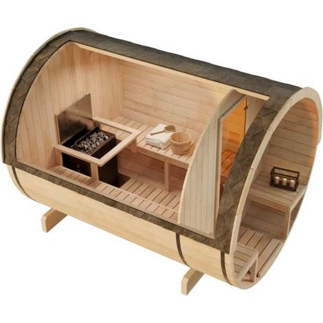 FinnTherm Fasssauna Carrie Fasssauna 2 Sitzbänke aus Holz , Sauna mit 42 mm Wandstärke, Außensauna mit Montagematerial (1/5)