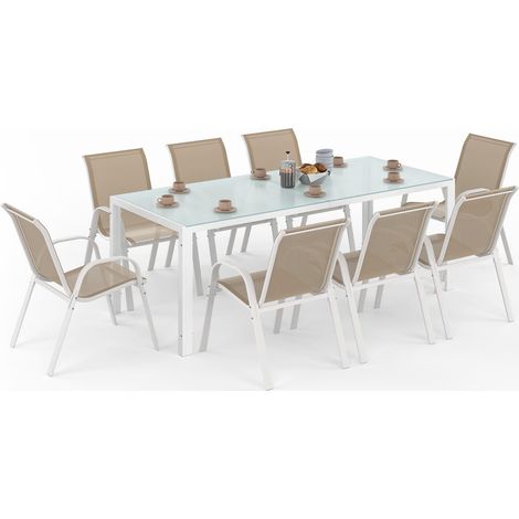 Gartenmöbel MADRID Tisch 190 cm und 8 stapelbare Stühle weiß und beige