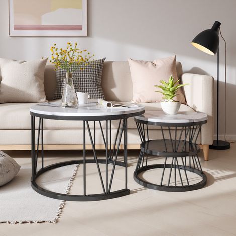 Tables Basses Gigognes Rondes - 2 Pièces - 70cm - avec Étagère de Rangement - Plateau Bois Effet Marbre Brillant - Pieds Métalliques - Moderne - Noir (1/5)