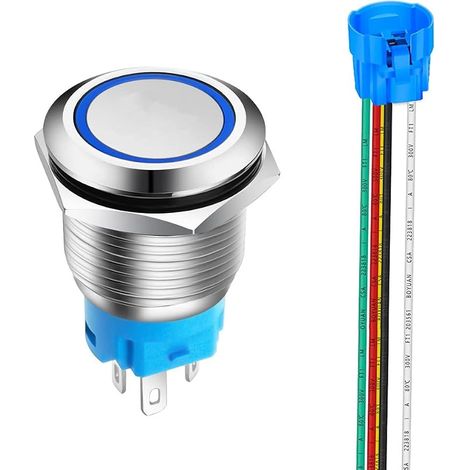 Gebildet 19mm Bouton Poussoir Momentané en Acier Inoxydable, Anneau de Lumière LED, 12V-24V 5A 1NO1NC SPDT ON Off Bouton Étanche avec Fiche à Douille (LED Bleue) (1/5)