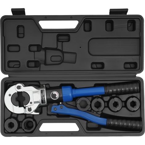 Pince à Sertir Professionnelle pour Tuyaux, Profil en V Pince à sertir hydraulique avec Tête Rotative à 180°,Pression de travail maximale 80 kN, Jeu de 7 Mâchoires V12/14/15/16/18/22/28 (1/5)