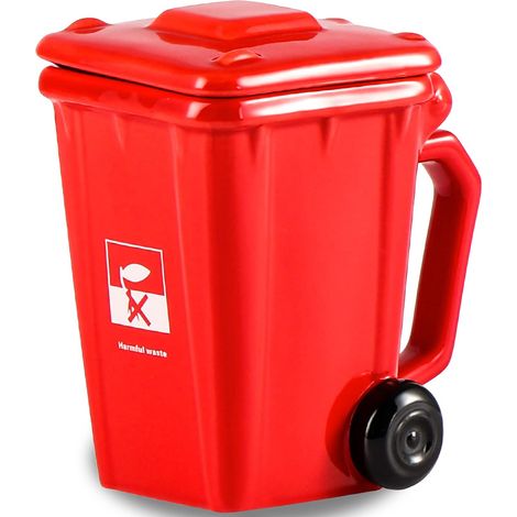 Gobelet créatif en forme de poubelle, tasse de bureau amusante en céramique avec couvercle, tasse à café 3D originale, cadeau amusant pour les proches et les amis, 400 ml (rouge) (1/5)