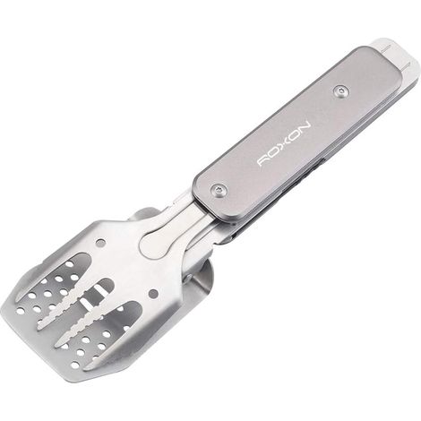 Ensemble d'outils de barbecue compacts 4 en 1 avec spatule, fourchette, pinces et ouvre-bouteille pour la randonnée et le camping (gris)-AquaForge (1/5)