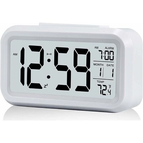 Réveil Digital Réveil Matin, Horloge Numérique Réveil à Pile Silencieux pour Enfants Adultes Grand écran LED Température Calendrier(Blanc)