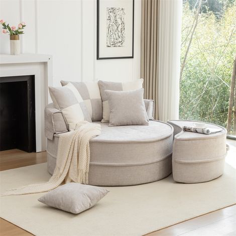 Canapé Rond avec 5 Coussins et Repose-pieds - 163x121x66cm - Fauteuil Lounge en Chenille sans Structure de Mousse - Gris (1/5)