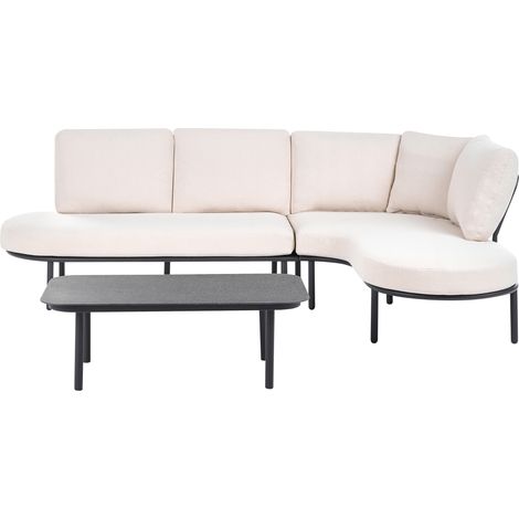 Sofá de exterior con mesa de centro 4 plazas estructura de aluminio ovalado tablero de metal negro cojines beige claro Pollina (1/5)