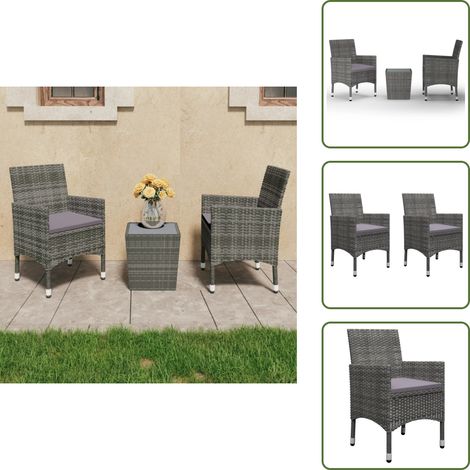 Set da giardino - vidaXL Set Bistrot Giardino 3 pz Polyrattan e Vetro Temperato Grigio - Tavolo in vetro temperato