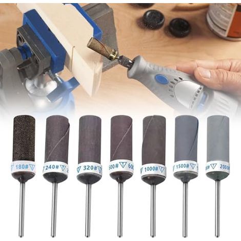 Lot de 56 tambours abrasifs avec tiges papier abrasif pour outils rotatifs Dremel, grains 180/240/320/600/1000/1500/2000, tige 3 mm (1/8") enlever la rouille métallique et le polissage - (1/5)