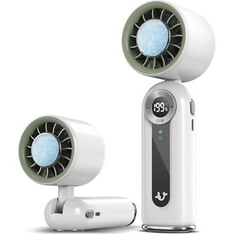 Mini ventilador portátil con función de refrigeración, recargable, con pantalla y luz LED, plegable para oficina, hogar y dormitorio, color blanco. (1/4)