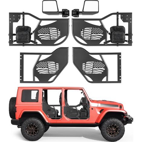 VEVOR Röhrentüren 4-türig, Kompatibel mit Jeep Wrangler JL 18–26 & Gladiator JT 20-26, Offroad-Halbtüren aus Stahl (im Flaggenmuster) mit DOT-zertifizierten Außenspiegeln Aufbewahrungstasche Schwarz (1/5)