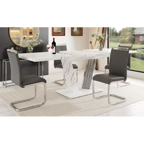 Ensemble repas 5 pièces, table extensible 120(160)x80x76 cm avec 4 chaises, assises similicuir gris, pour 4-6 convives, mobilier salle à manger modulable (1/5)