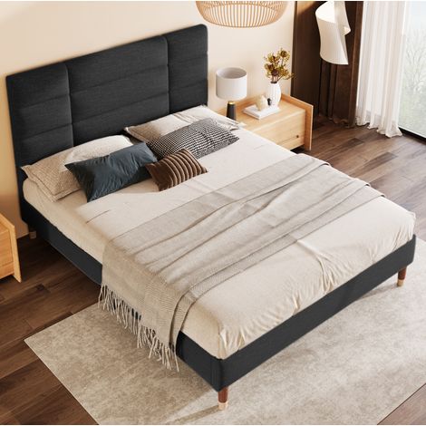 Letto matrimoniale in legno e tessuto lino nero 140x200 cm con testiera imbottita e rete a doghe inclusa (1/5)