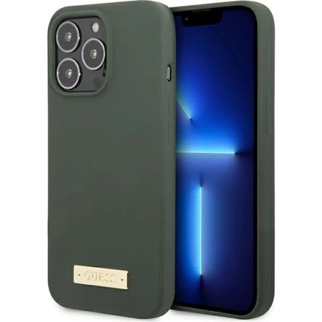 Coque rigide Guess GUHMP13LSPLA pour iPhone 13 Pro / 13 6,1" verte/kaki, plaque logo en silicone, compatible MagSafe (1/5)