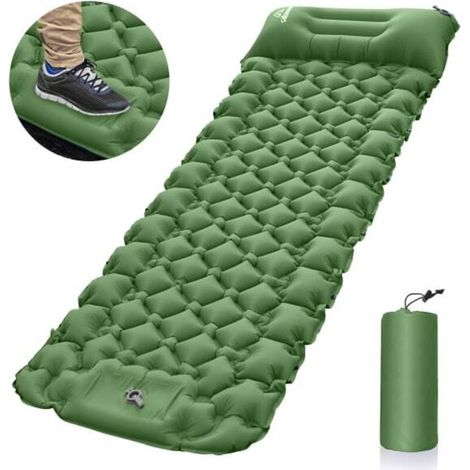 Matelas de camping autogonflant, matelas de sol avec oreiller et pompe à pied, matelas gonflable ultraléger et portable pour le camping, les voyages et la randonnée, vert