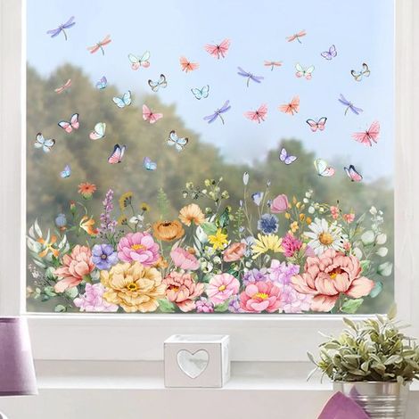 Sticker fenêtre statique - Sticker fenêtre - Décoration murale - 3060cm - plant fleurie - PVC - C (1/5)