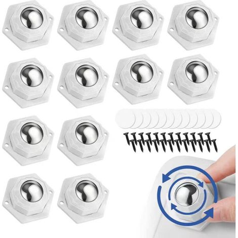 Lot de 12 Roulettes Auto-Adhésives, Roulette Universelles Pivotantes à 360°, Mini Roulette à Billes Autocollantes en Plastique pour Meubles, Boîte de Rangement