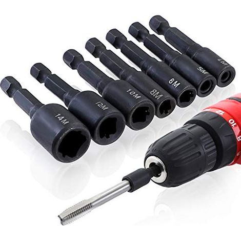 8 Tarauds à douille, Acier allié, Tige hexagonale, Fixation carrée, Pour perceuse et tournevis pneumatique, Réparation auto (1/4)