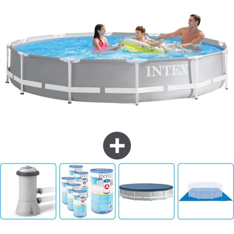 Intex Round Prism Frame Swimming Pool – 366 x 76 cm – Grau – Inklusive Zubehör CB88