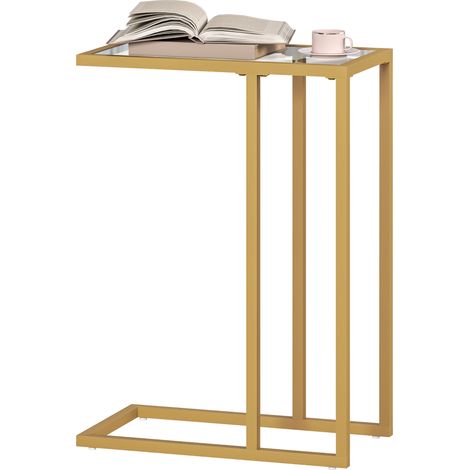 C-Shaped Side Table, Modern Slim End Table Tempered Glass Tabletop, Steel Frame for Small Space, Living Room, Bedroom, Gold Tone (1/5)