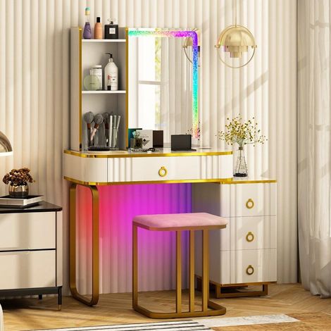 Rangement pratique, coiffeuse avec miroir LED RGB, recharge sans fil, USB/Type-C et tabouret rembourré (1/5)