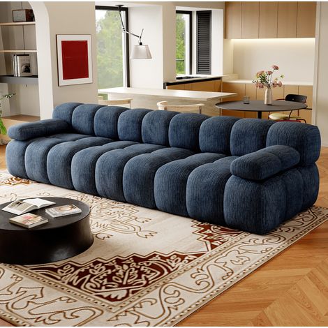 Canapé droit 300 cm en tissu bleu à mousse haute élasticité, sans montage, pour salon et appartement