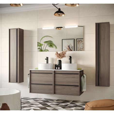 Meuble de salle de bain suspendu 120 cm en bois de chêne éternité avec vasque - Astoria - 120 cm Avec double miroir et lampe LED