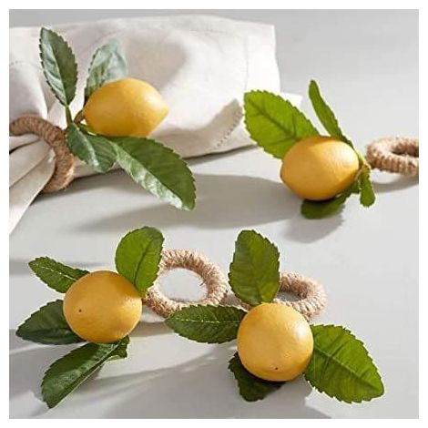 Ronds de serviette faits main (Citron) Lot de 4, citrons artificiels jaunes avec anneau de vigne pour mariage, dîner, banquet, Noël, Thanksgiving, anniversaire (1/5)