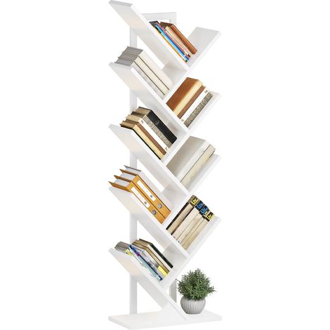 Bibliothèque en Forme d’Arbre à 8 Niveaux, Étagère d’Angle sur Pied, Étagère de Rangement Moderne avec Cadre en Métal, pour Livres, CD, Salon, Chambre, Bureau, Blanc (1/5)