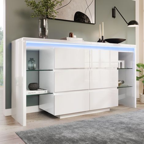 Aparador 155 x 40 x 80 cm de MDF y cristal blanco brillante FloraGrace (1/5)