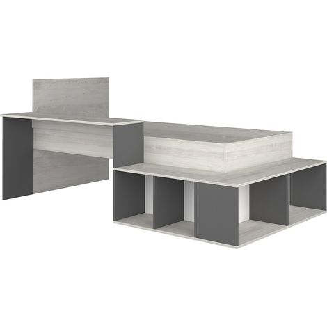Letto combinato 90 x 200 cm con vani portaoggetti e scrivania Naturale e Antracite + Rete + Materasso - RIGALI (1/4)