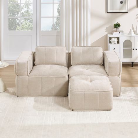 Canapé d'angle modulaire en L 2 places avec pouf, canapé nuage sans cadre en polyester, mousse haute densité 32D, assise profonde antidérapante, sans montage, 198 x 162 x 67 cm, Beige