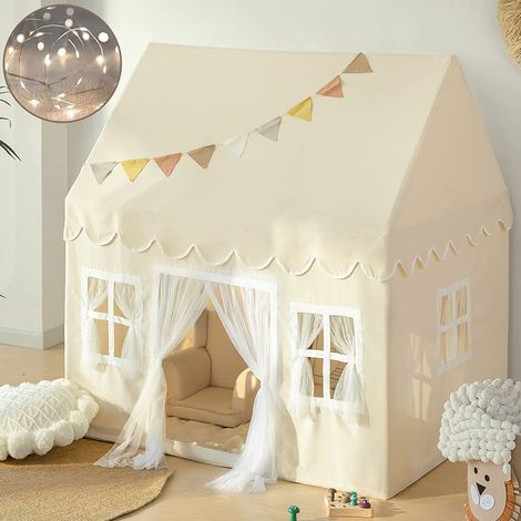 Tipi enfant avec coussins et lumières LED – Dimensions 132 x 120 x 102 cm – Tente de jeu intérieure pour 3 enfants – Tissus texturés (1/3)