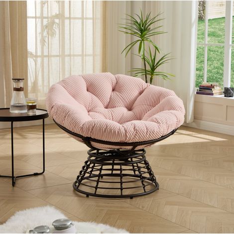 Fauteuil papasan ergonomique pivotant 360° en rotin PE, coussin rose, structure acier (1/5)