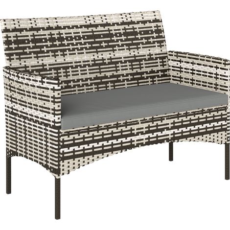 Hellgraues 2-Sitzer-Sofa aus Rattan für Garten und Terrasse, inklusive Kissen und Stahlrahmen
