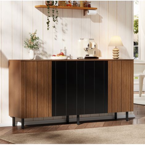Buffet de cuisine 160 x 35 x 80 cm en panneaux de particules, noyer et noir, 4 portes (1/5)