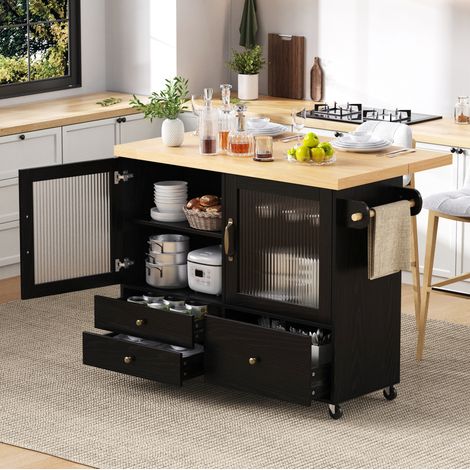 Îlot de cuisine mobile avec roulettes et table extensible, rangements, porte-verres à vin et finition noir & bois clair, pour cuisine et salle à manger  CHICFURN (1/5)