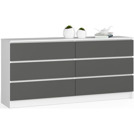Akord – Commode blanche 160 cm 6 tiroirs – Façade gris graphite – Panneau stratifié – Limiteur d'extension de tiroir – Dimensions 160x40x77 cm