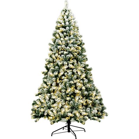 COSTWAY 225cm Künstlicher Weihnachtsbaum mit Schnee und warmweissen LED-Leuchten, Tannenbaum mit Metallstaender, Christbaum PVC Nadeln, Kunstbaum Weihnachten grün (1/5)