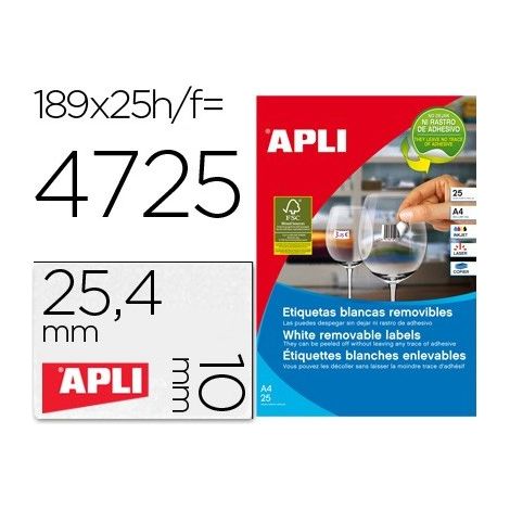 Etiqueta adhesivas apli 10198 tamaño 25,4x10 mm removible para fotocopiadora laser ink-jet caja 25 hojas con