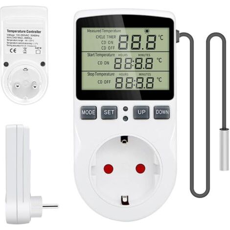 Prise Thermostat, 220V 16A Prise de contrôle de température avec minuteur et sonde, prise de thermostat numérique, Régulateur de Température Prise pour Serre Reptile Maison (1/5)