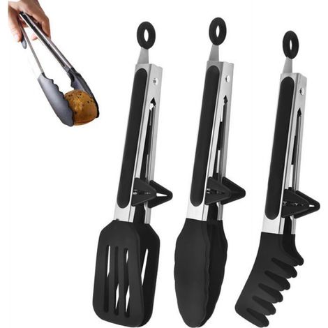 Pince Cuisine Inox,3 Pince de Cuisine avec Embouts en Silicone Pince Alimentaire Résistantes à la Chaleur pour Salade, Barbecue, (1/4)