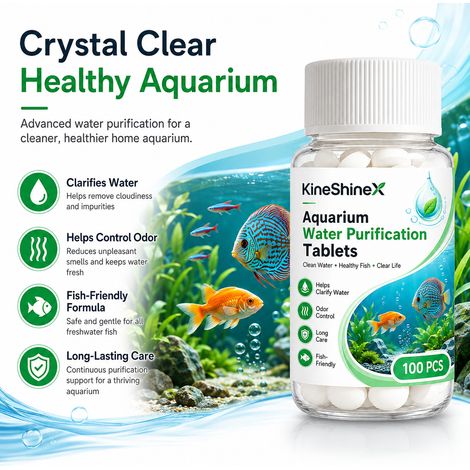Die KineShineX Aquarienwasserreinigungstabletten eignen sich für alle Arten von Zierfischen und sorgen für eine lang anhaltende Aufrechterhaltung und Reinigung der Wasserqualität. (1/5)