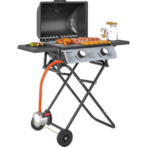 Barbecue à gaz à deux brûleurs, 5,6 kW, avec couvercle, thermomètre, tablette latérale et deux roues, dimensions 101x50x102 cm, noir. (1/5)